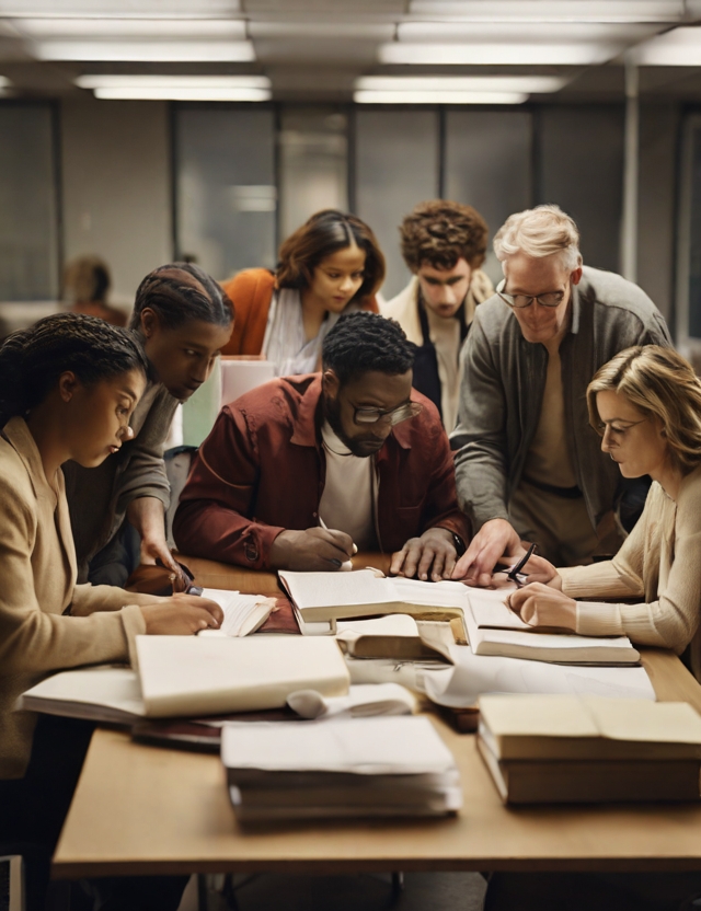 Default_A_group_of_men_and_women_working_around_a_table_with_b_1